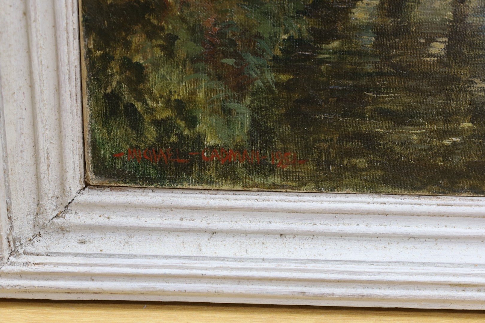 Michael Lawrence Cadman (1920-2010), oil on canvas, Scene on the River Mole, signed, AEB Exhibition label verso, 61 x 77cm